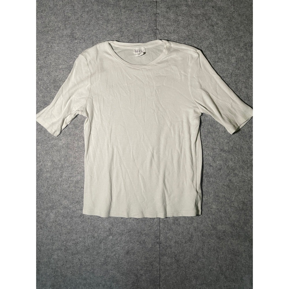 Nicole Miller New York Ribbed Knit Top Cream Elbow Sleeve Pima Cotton Blend L